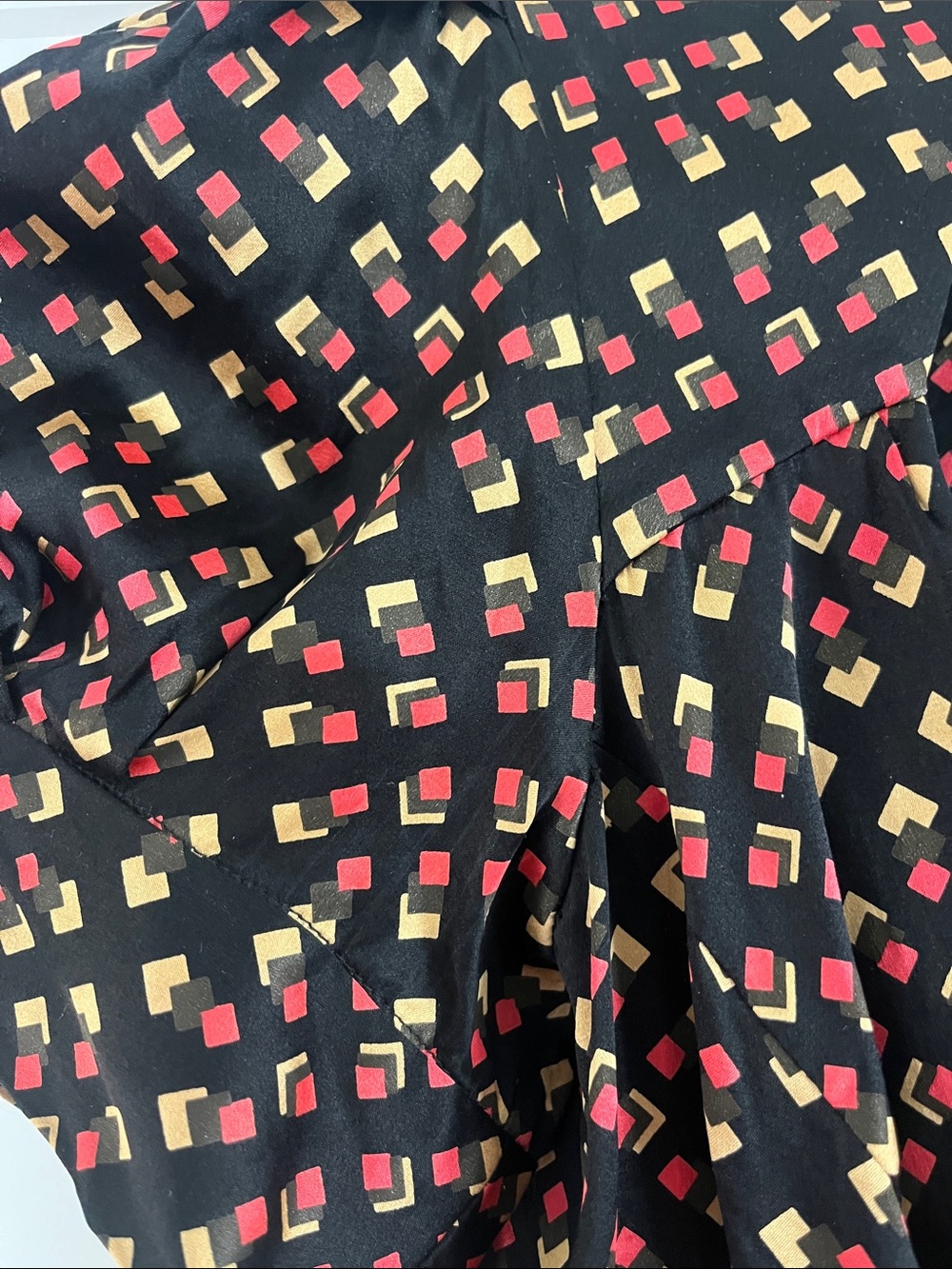 Black Puff-Sleeve Silk Blouse with Red & Gold Geometric Print - Picture 2 of 2